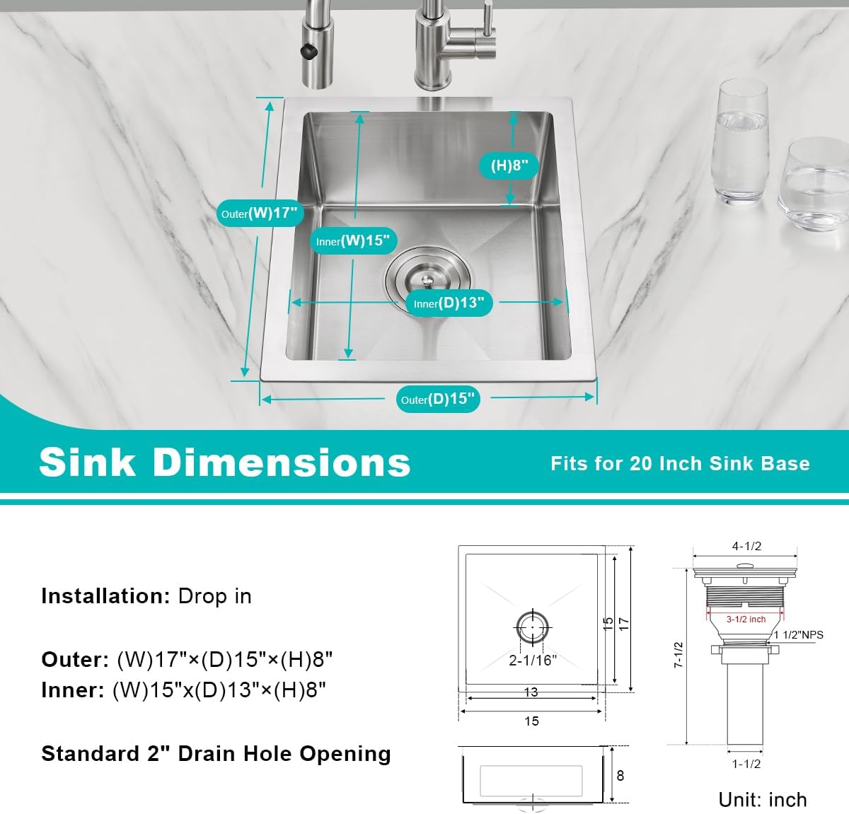 15 inch Undermount Bar Sink, Stainless Steel Handmade Single Bowl Kitchen Sink Undermount, D15" x W17" x H8"