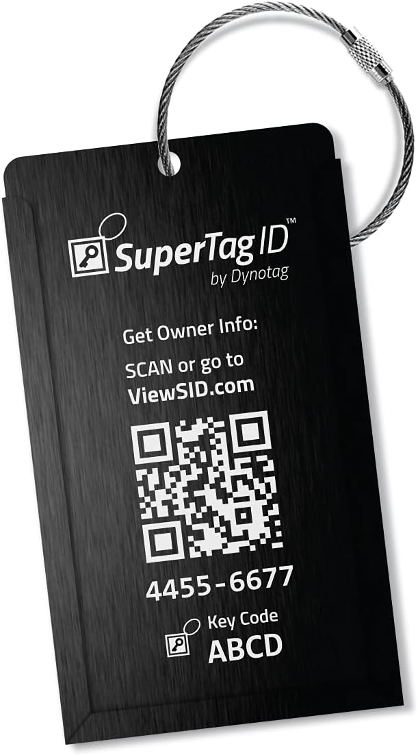 Dynotag® Web Enabled Smart Aluminum Convertible Luggage ID Tag + Braided Steel Loop, with DynoIQ™ & Lifetime Recovery Service (Midnight Black)