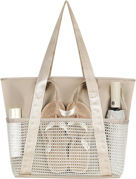 Waterproof Sandproof Beach Bag with Zipper and 6 Pockets - Foldable Lightweight Tote for Pool, Travel