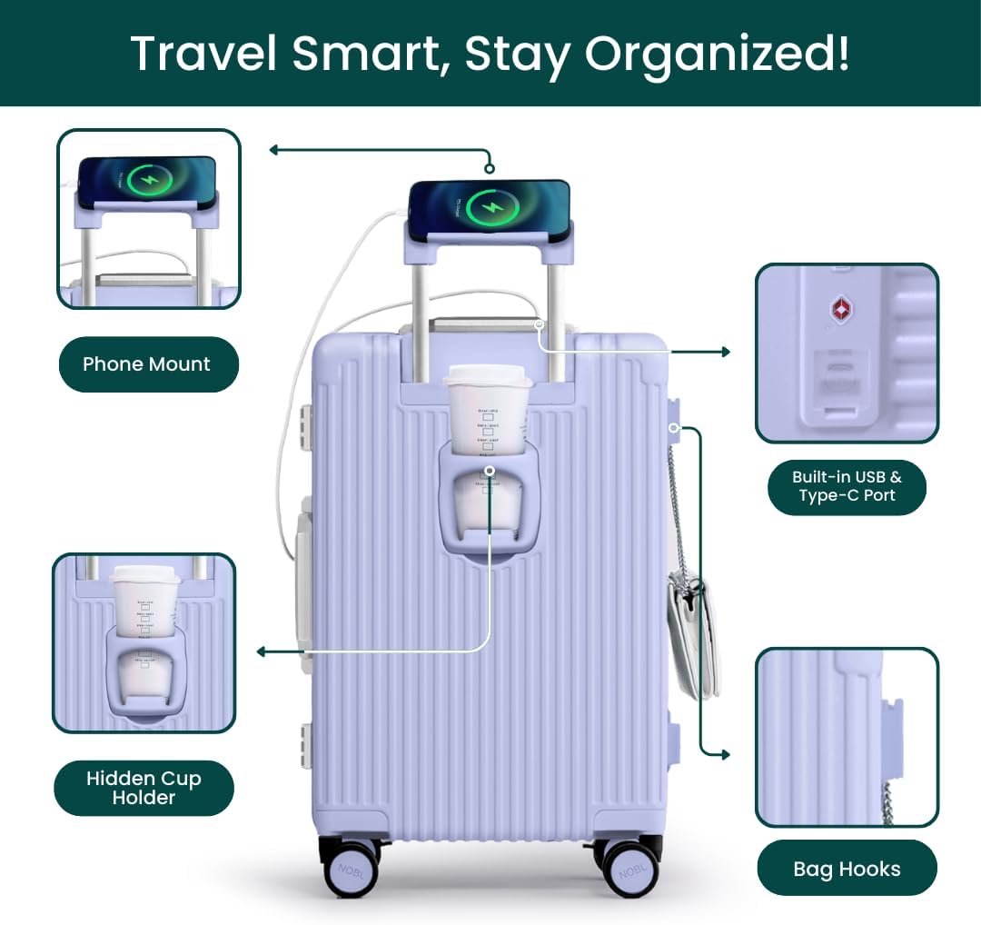 Nobl Travel Carry On Luggage, Noble Zipperless Aluminum Frame PC Hard Shell Suitcase, 22.5x15x9.5 Airline Approved, 360° Spinner Wheels, TSA Locks, USB Charging Port, Cup & Phone Holder - Lavender