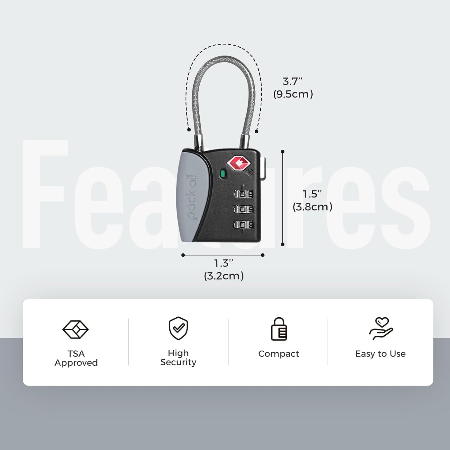 pack all TSA Approved Cable Luggage Locks, 3 Digit Combination Padlocks, Travel Lock for Suitcases & Bag, Alloy Body, Travel Accessories (1 Pack)（Grey）