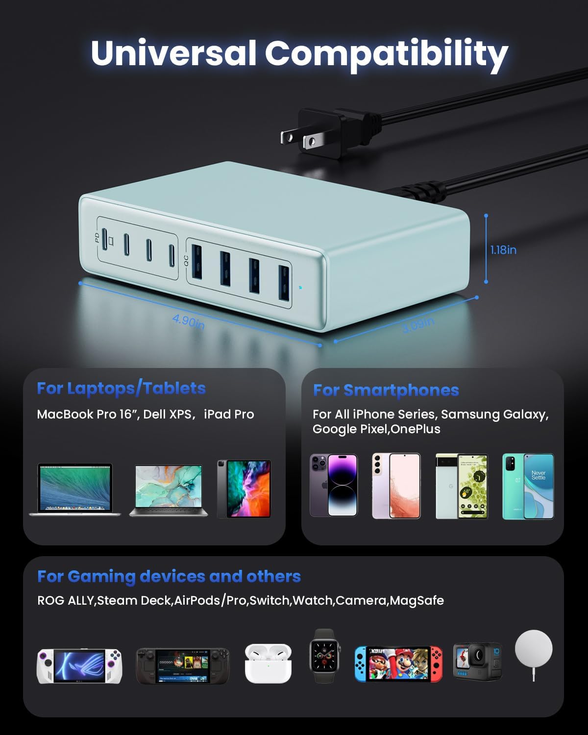 200W USB C Charger Block,GaN IV Charging Station 8 Ports,QC4.0 Fast Charging Station Hub+PD 65W USB C Laptop Charger Adapter Compatible with MacBook Air/Pro,DELL,iPhone 16/15,iPad,Steam Deck-Sky Blue