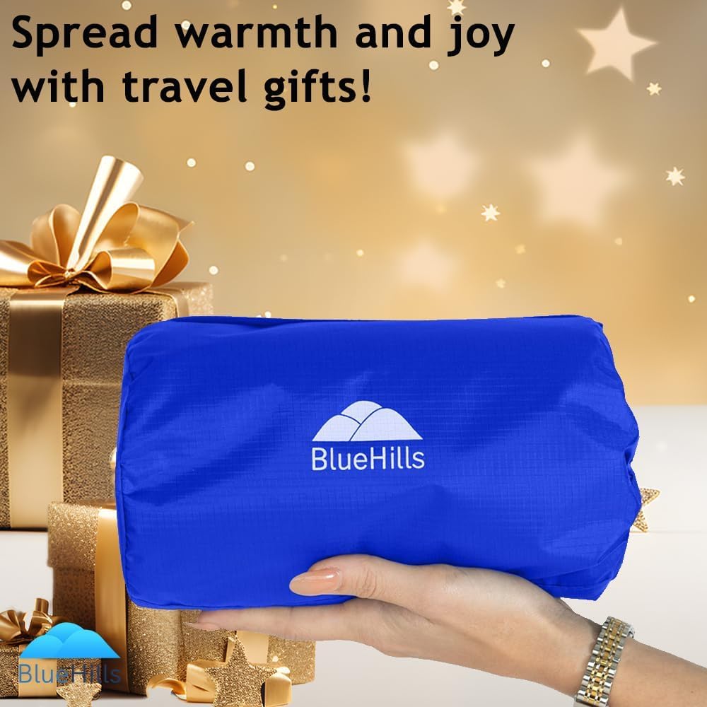 BlueHills Ultra Compact Travel Blanket Pillow in Portable Bag Case Premium Cozy Soft Compact Pack Large Blanket for Airplane Flight Layover Blue - Royal C005