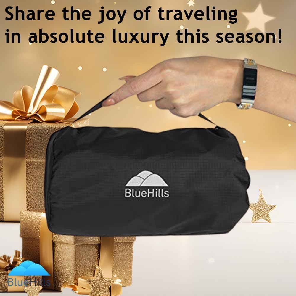 BlueHills Ultra Compact Travel Blanket Pillow in Portable Bag Case with Hand Luggage Belt & Backpack Clip Premium Cozy Soft Compact Pack Large Blanket for Airplane Flight Layover Black C003