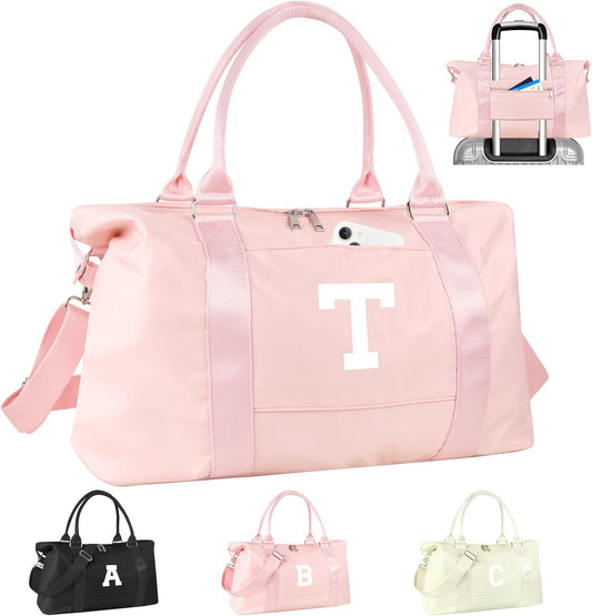 Initial Travel Duffel Bag Sports Gym Bag for Girls Teen Birthday Gifts,Pink Personalized Weekender Bag Carry On Tote Bags for Women Men,Waterproof Overnight Luggage Bag with Trolley Sleeve(Letter T)