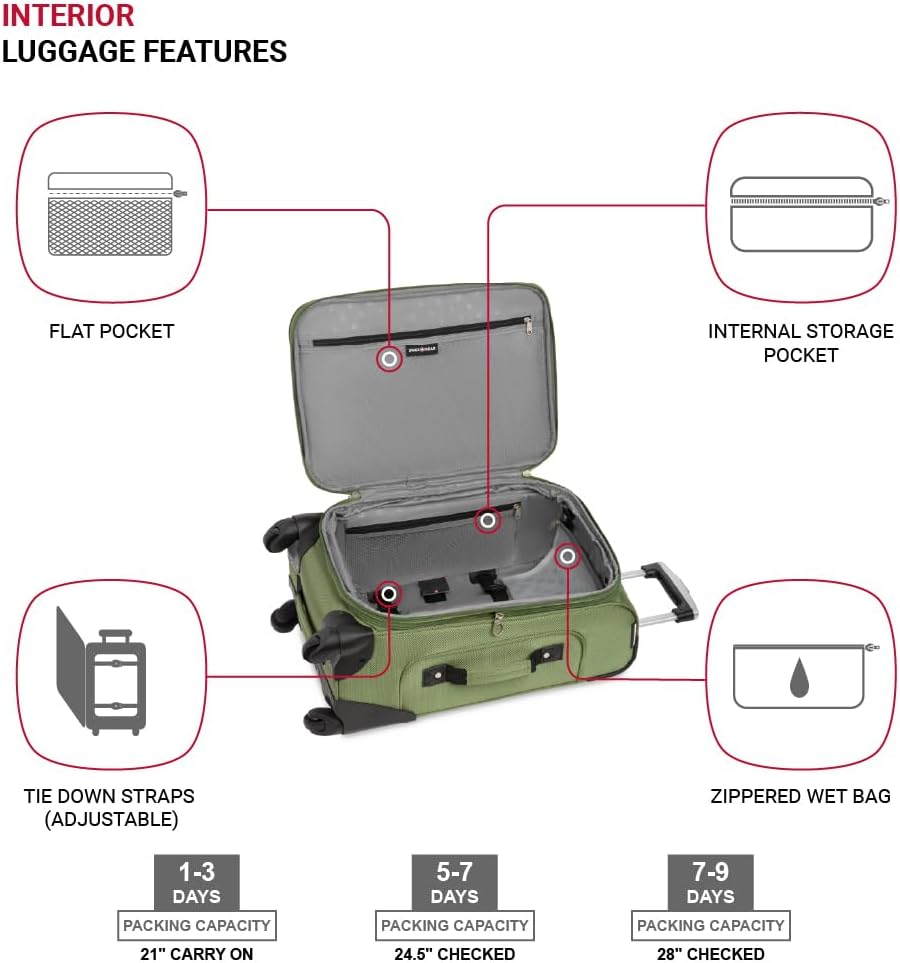 SwissGear Sion Softside Expandable Luggage with Spinner Wheels, Evergreen, 3-Piece Set (21/25/29)