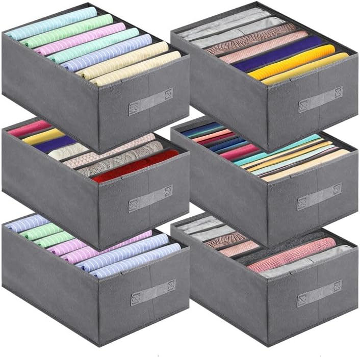 Jeans Organizer for Closet, Foldable Wardrobe Clothes Organizer with Handle, Stackable Closet Clothes Drawer Organizer Tshirts with 7 Grids for Leggings, Sweater, Jean, Pants, Grey (6 PACK)