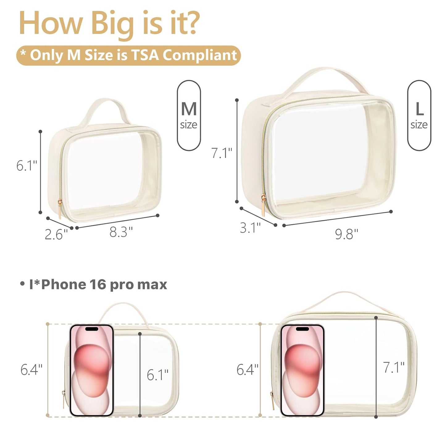 PACKISM Clear Makeup Bag - 2 Pack TSA Approved Toiletry Bag with Handle and 180° Large Opening, Sturdy Clear Toiletry Bag Fit Carry-on Travel Essential, Travel Bags for Toiletries, Creamy Off-White