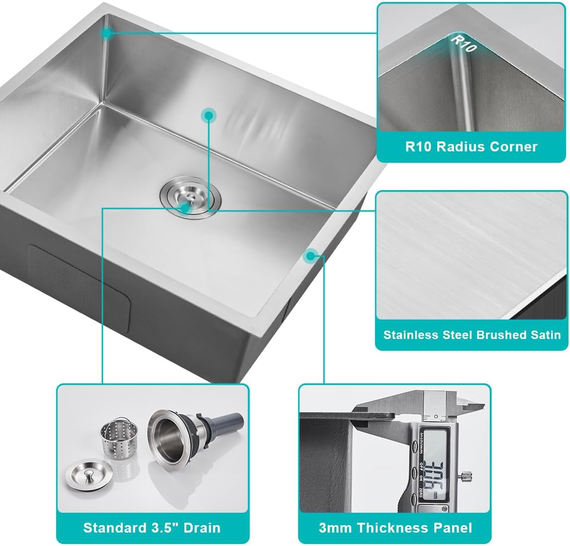 25 x 22 Inch Undermount Kitchen Sink, 18 Gauge 304 Stainless Steel Handmade Large Commercial Single Bowl Deep Basin, Brushed