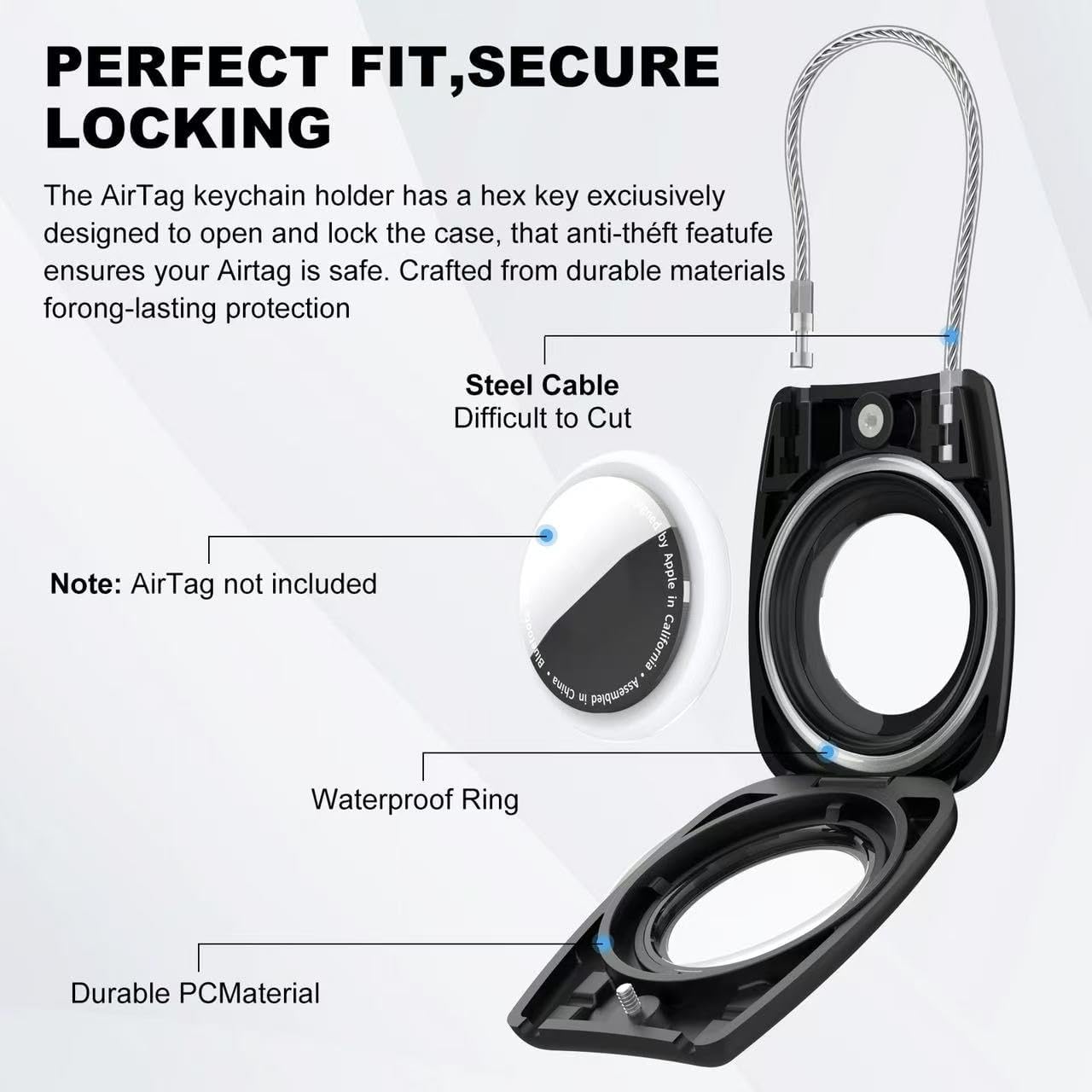 IPX8 Waterproof Airtag Holder Air Tag Case with Keychain, 4-Pack AirTags All-Round Protect Case for Apple Tag Tracker, Air Tags Holder for Luggage, Key, Pet, Backpack, 4 Black