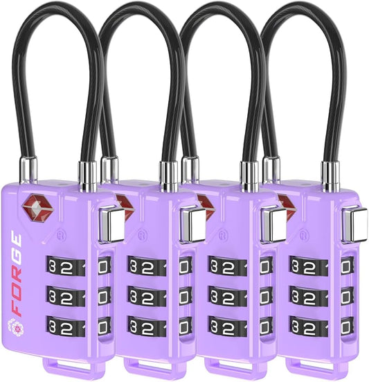 Forge TSA Approved Luggage Locks, Re-settable Combination with Alloy Body, Purple 4 Locks.