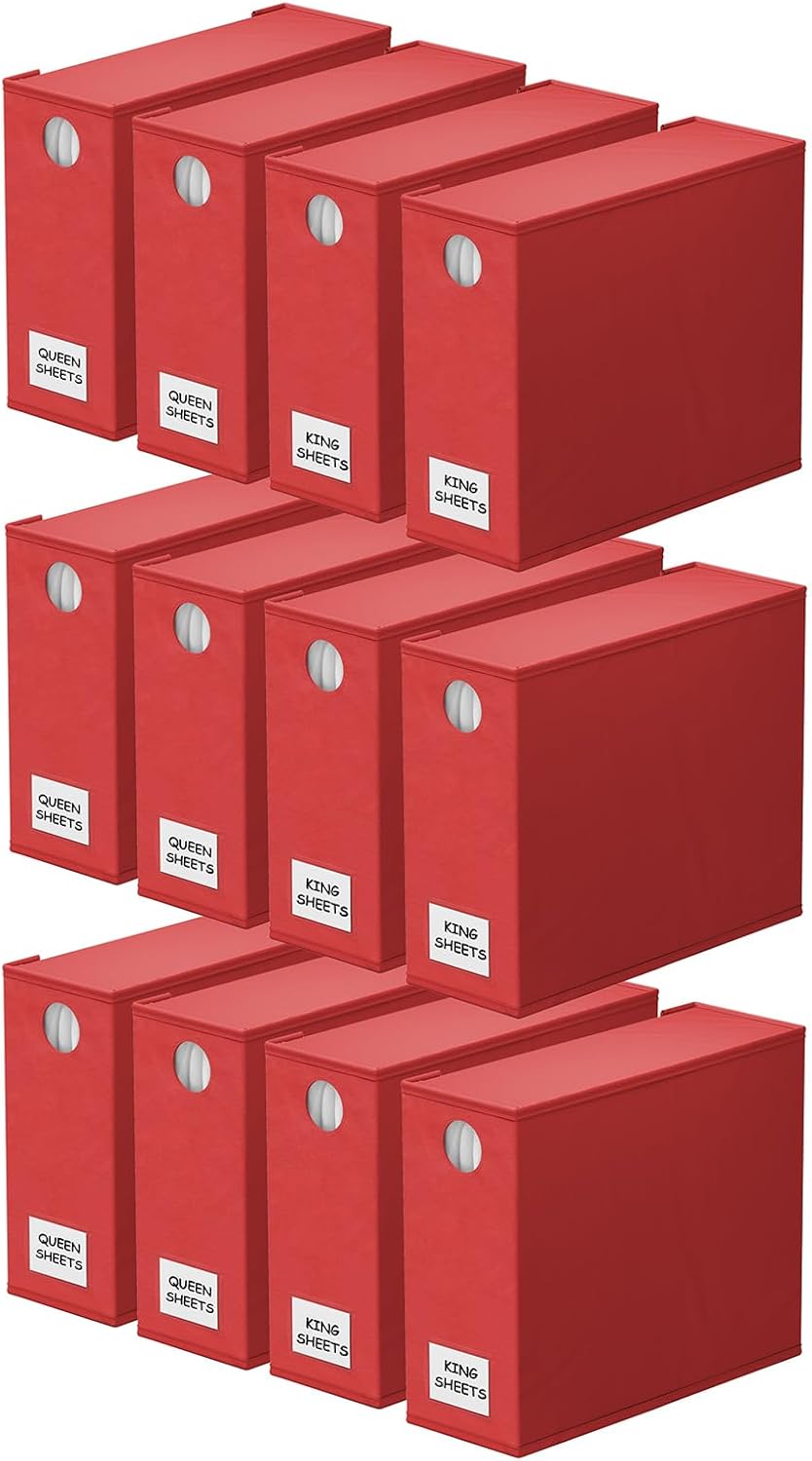 SpaceAid 12 Pack Bed Sheet Organizers and Storage, Foldable Organizer for Linen Closet, Set Folder Keeper With Window XL (Queen & King Size) Bedding Container (Red)