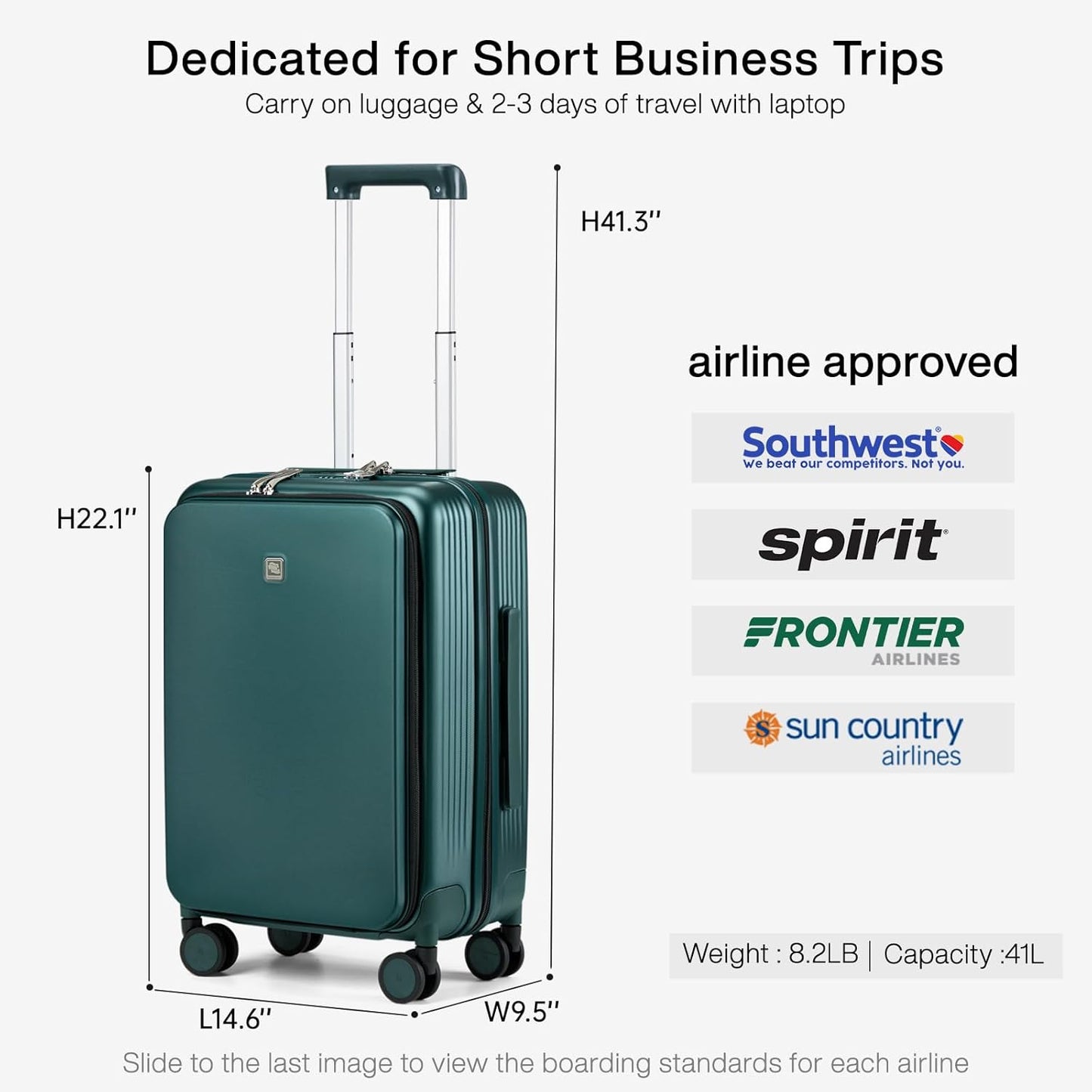 Hanke Grace Carry On Luggage with Wheels Airline Approved Hard Shell Suitcases with Front Pocket，Top Opening Luggage with TSA Lock for Short Business Travel，Blackish Green.