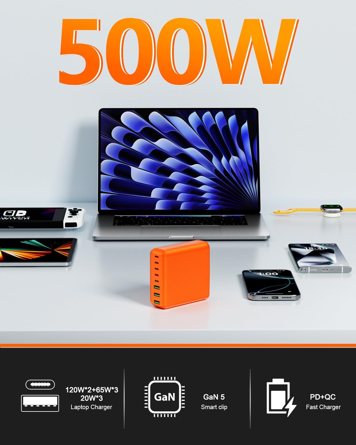 500W USB C Charger Block, 8-Port USB C Charging Station Fast Charging PD 120W PC Laptop Charger Adapter Compatible with MacBook Pro/Air/All iPad,DELL, iPhone 16/15/14/13/Pro Max/Galaxy