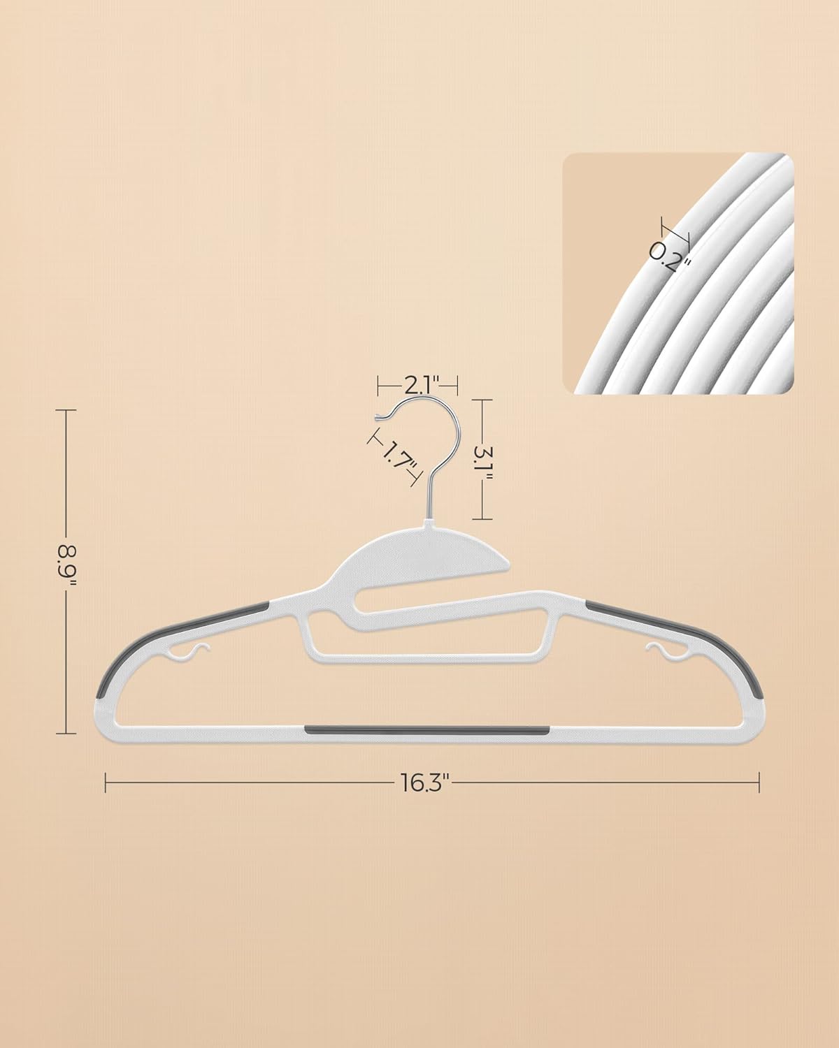 SONGMICS 50 Pack Coat Hangers, Heavy-Duty Plastic Suit Hangers, S-Shaped Opening, Space-Saving, 360º Swivel Hook, 16.3 Inches Wide, Cloud White and Dark Gray UCRP041WG03