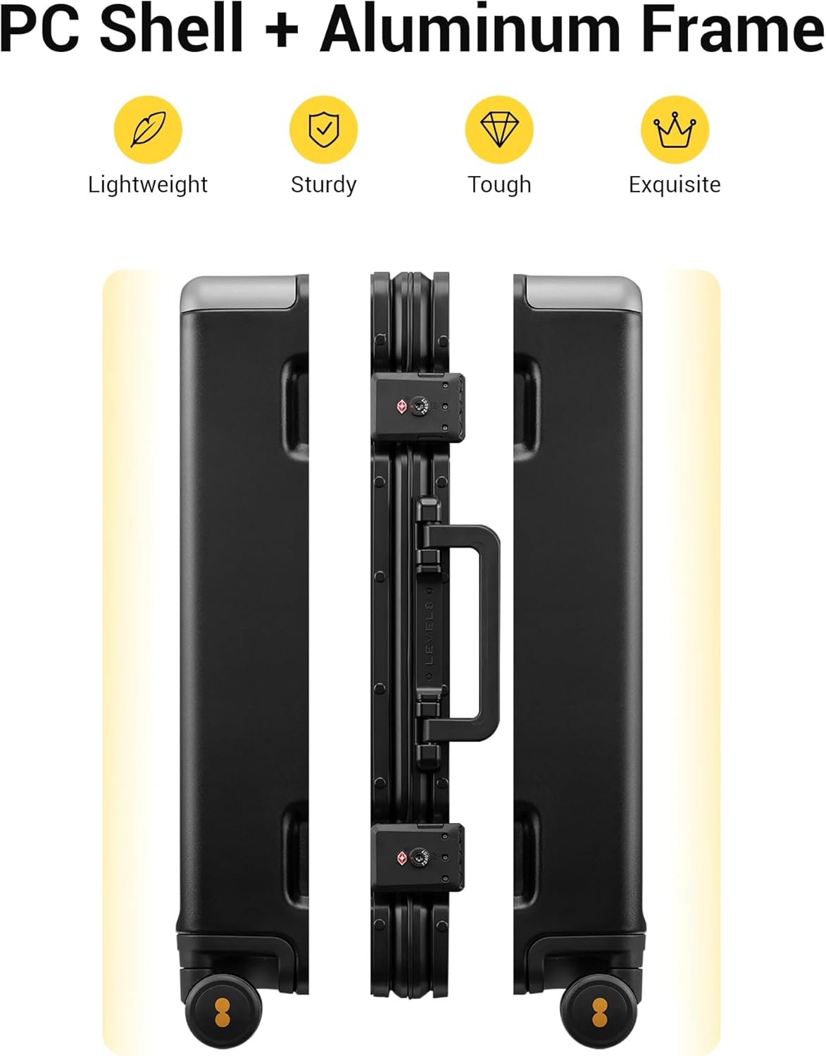 LEVEL8 Zipperless Carry On Suitcase Airline Approved with Aluminum Frame, Hard Shell Luggage with Spinner Wheels, Metal Travel Luggage with Double Tsa Locks, 20 Inch, Black