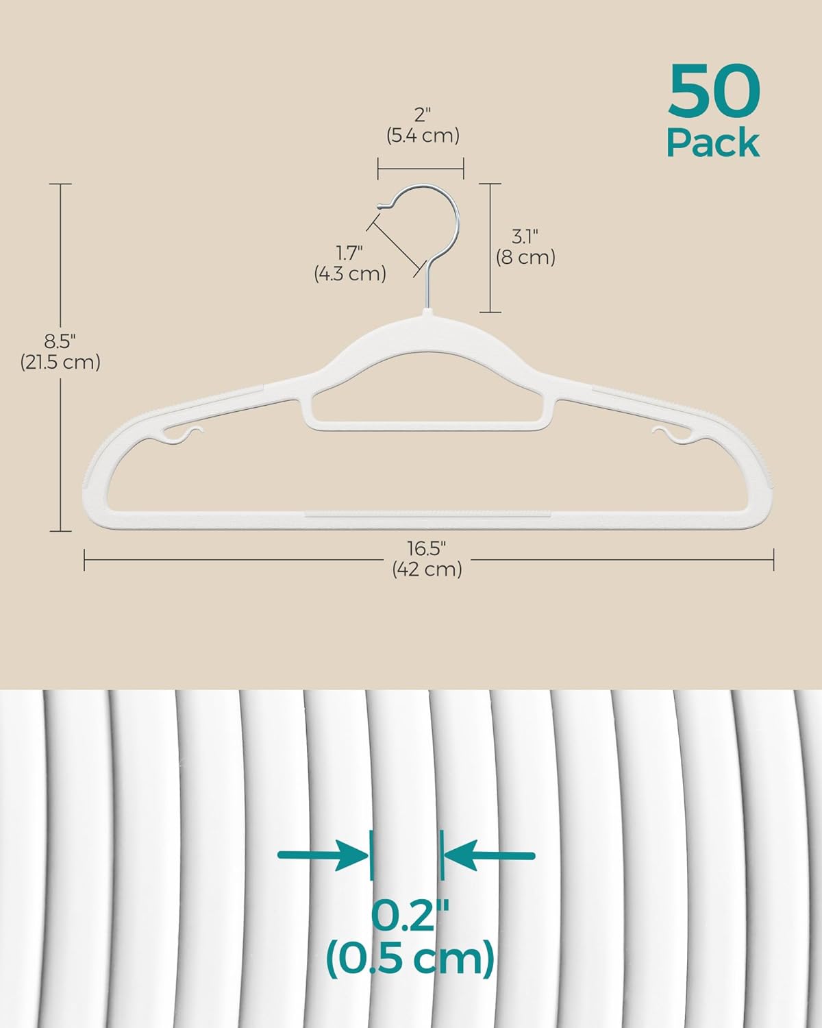 SONGMICS Pack of 50 Coat Hangers, Space-Saving Plastic Clothes Hangers, Non-Slip, 0.2 Inches Slim, 16.5 Inches Wide, 360° Swivel Silver Hook, White UCRP20WT50