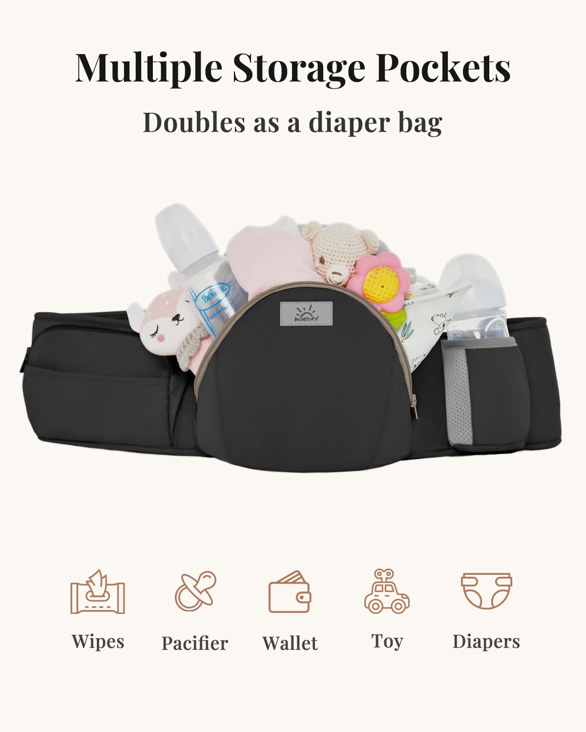 MOMTORY Carryall™ Pro Baby Carrier, Safety-Certified 6-in-1 Ultra Storage Baby Carrier Newborn to Toddler, Front & Back Baby Holder Carrier with Hip Seat, Pure Black