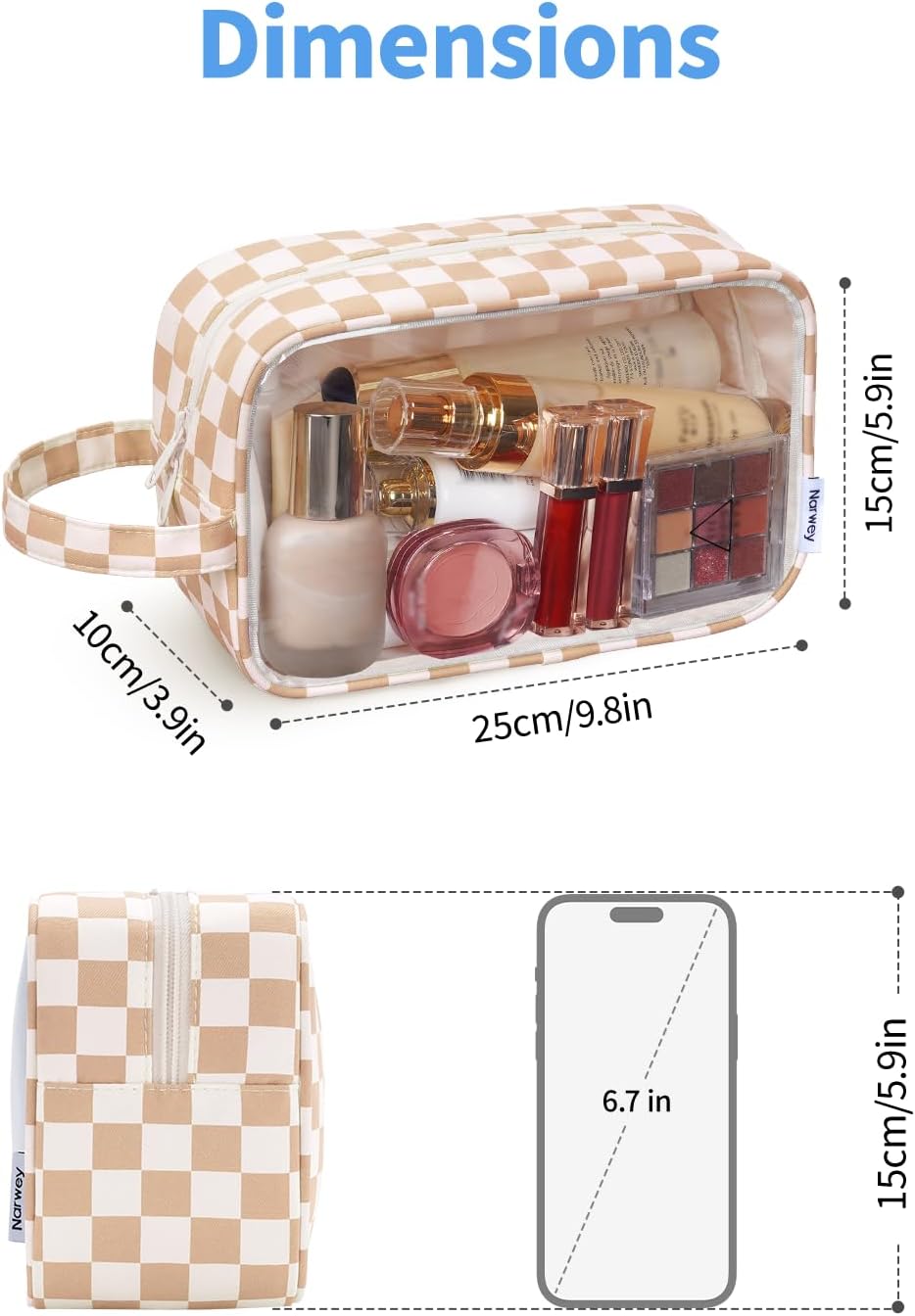 Narwey Clear Toiletry Bags for Traveling Women Men, Clear Travel Bags for Toiletries Makeup Bag Cosmetic Bag with Zipper, Make Up Organizer, Skincare Bag (Light Checkerboard)