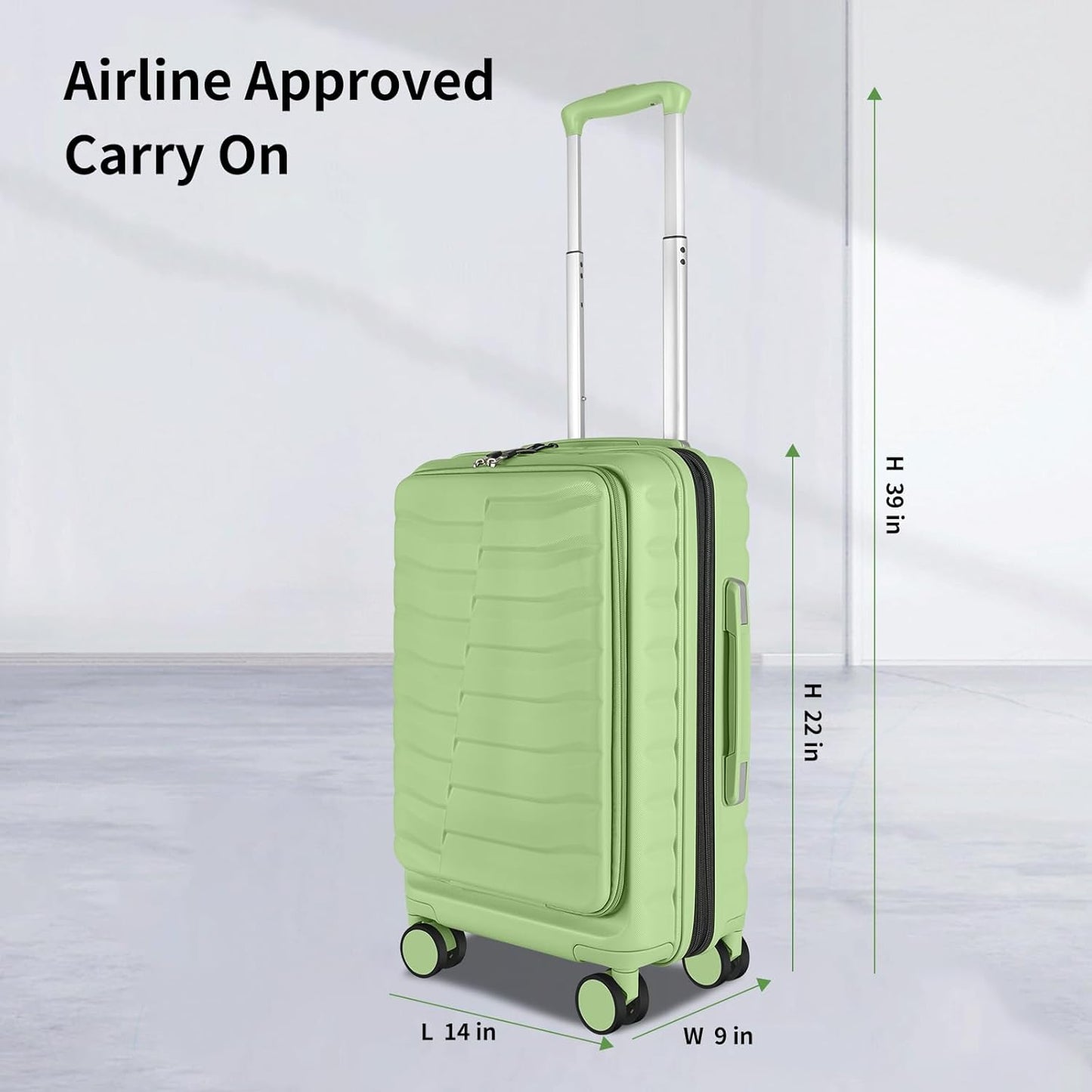 22×14×9 Airline Approved Carry On Luggage with Front Open Pocket, Spinner Wheels, ABS+PC Hardshell Small 20inch Suitcase with Protective Cover and Luggage Tag, Avocado Green