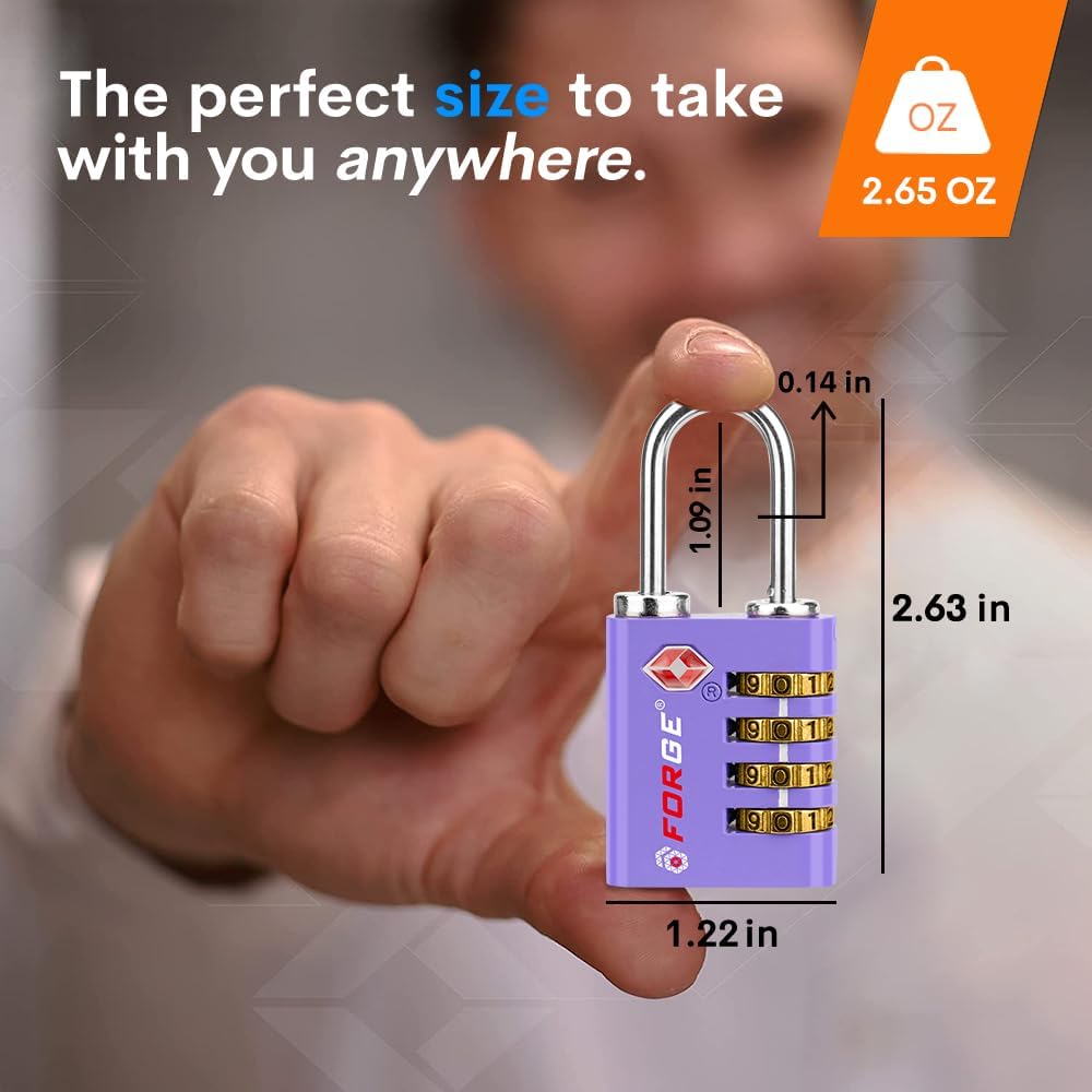 Forge Dual-Opening: Key or Combination Access Lock, TSA Approved Locks for Luggage, Pelican case, Travel, Gym, School, Stainless Steel Shackle. (Purple, 2 Pk)