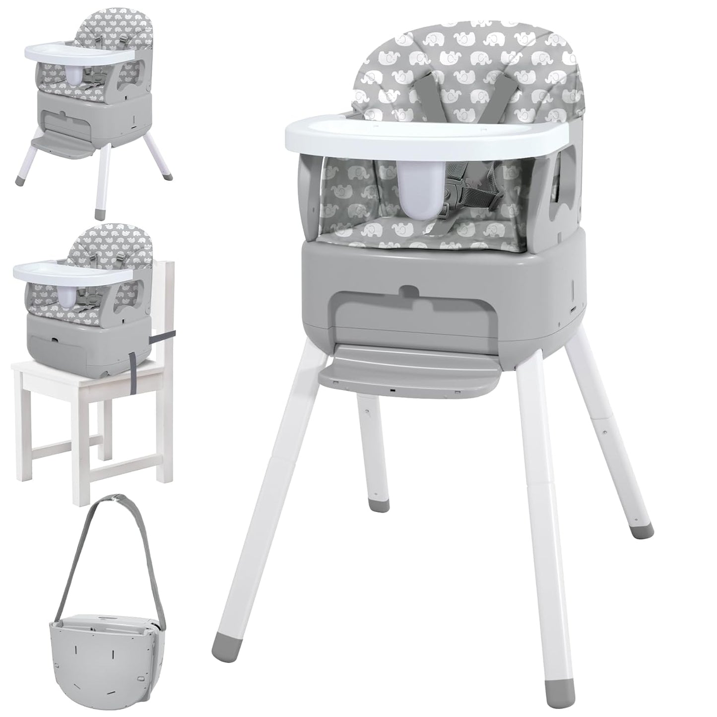 4 in 1 Portable Baby Highchair Convertible Highchair for Babies and Toddlers - Foldable Carry Small Box, High Chair, Infant Booster Seat, Dining Chair, Easy to Carry and Store (Grey)