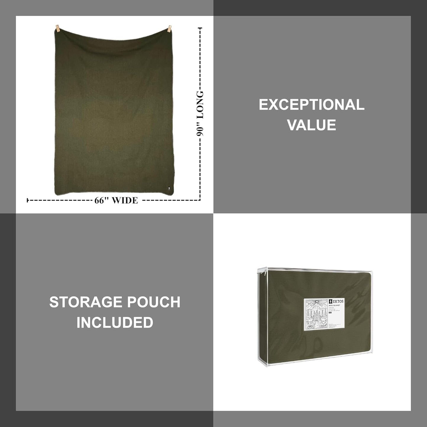 EKTOS 100% Virgin Wool Blanket, 90" x 66", Hunting Gear, Better Than Military Surplus (Olive Green, Twin Size)