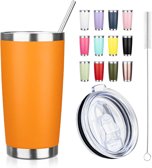 20oz Tumbler with Straw and Brush, Stainless Steel Vacuum Insulated tumbler, Double Wall Insulated Coffee Tumbler for Outdoor, Home, Travel,Office (Orange,1pcs)