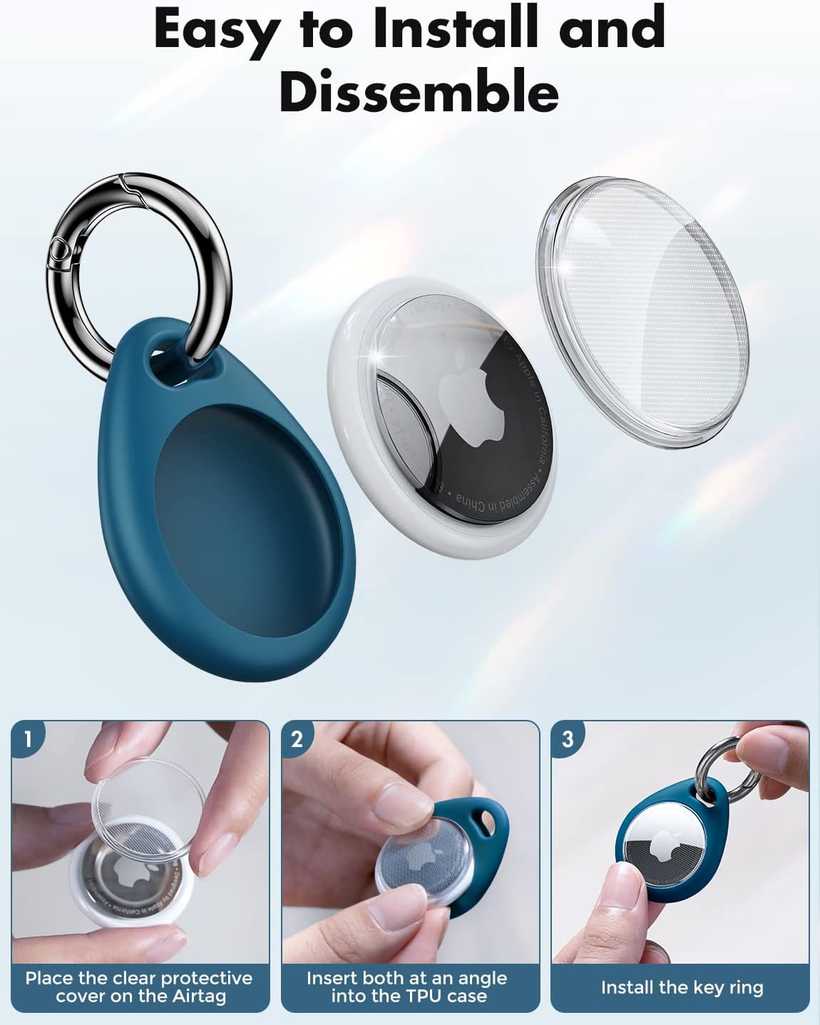 UNBREAKcable AirTag Holder for Apple - 4 Pack Air Tag Case [Fit Tightly Design] [Easy to Install] [Hold Securely] Waterproof TPU Protective Cover with Metal Keychain for Kids,Pet,Luggage,Backpack,Keys