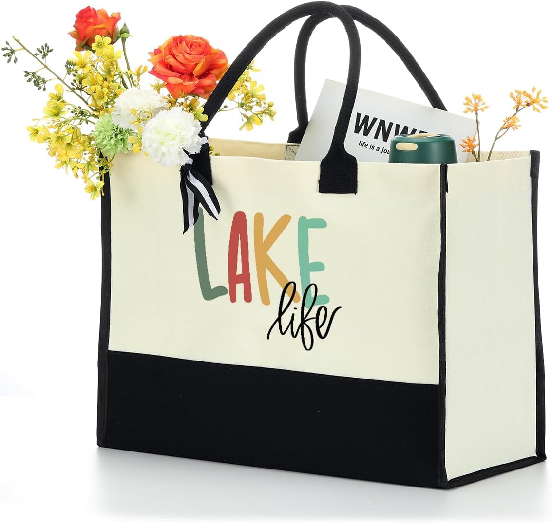 Lake Life Tote Bag for Women Waterproof Personalized Beach Bag Canvas Bag Funny Lake Girls Bag Trip Gifts