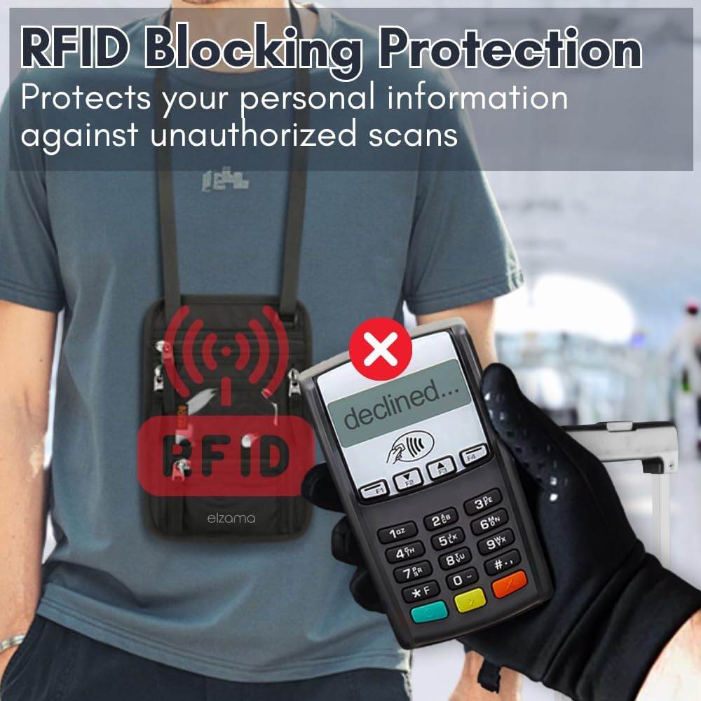 elzama Travel Neck Wallet, Neck Passport Holder, RFID Blocking Passport Wallet Super Slim & Lightweight Travel Pouch Holder for Men & Women (Black)