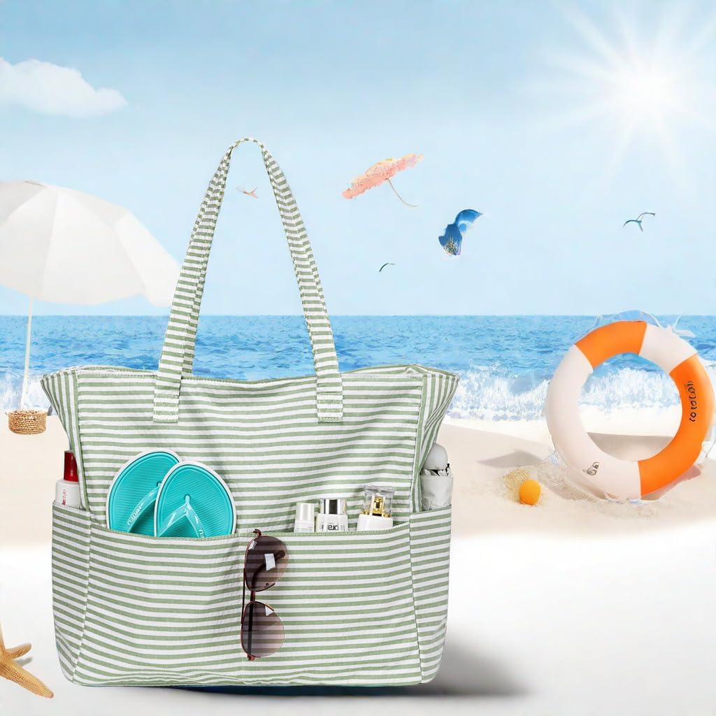 LEDAOU Large Beach Tote Bag Women Waterproof Sandproof Zipper Beach Tote Bag for Pool Gym Grocery Travel with Wet Pocket