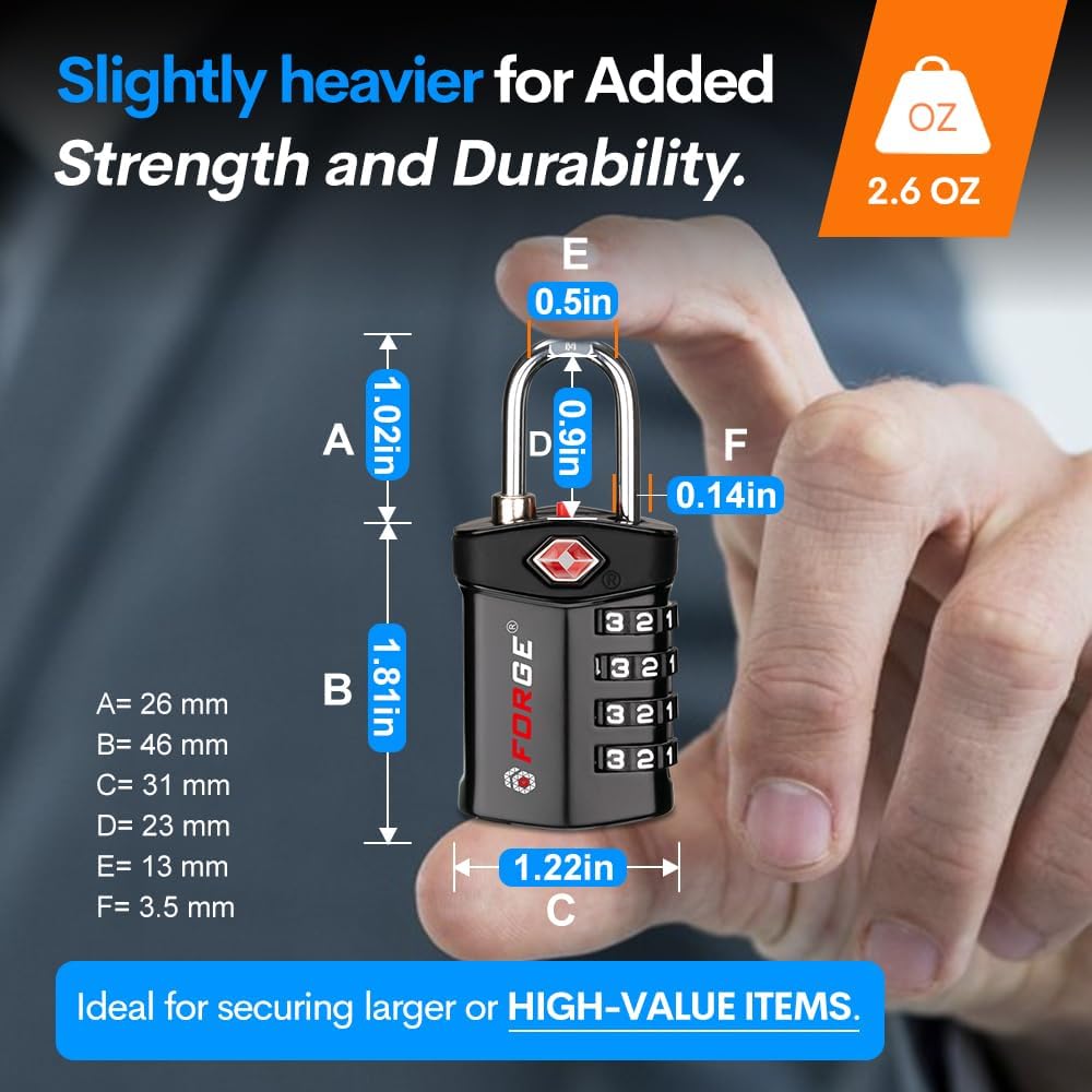 Forge TSA Approved Luggage Locks for Air Travel, Gym Lockers, School Lockers, Pelican Cases, Easy Read Dials, Durable Alloy Body, Black 6 Pack.