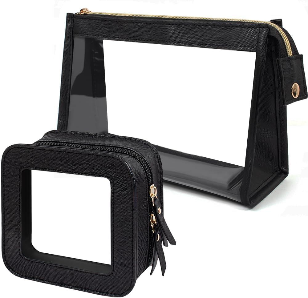 2 Pack Clear Makeup Bag Set Travel Cosmetic Case TSA Approved Toiletry Bag with Zipper Small Make Up Bags for Women Cute Waterproof Carry-on Travel Organizer Car Organizer Bag