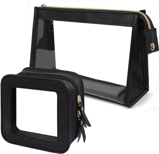 2 Pack Clear Makeup Bag Set Travel Cosmetic Case TSA Approved Toiletry Bag with Zipper Small Make Up Bags for Women Cute Waterproof Carry-on Travel Organizer Car Organizer Bag