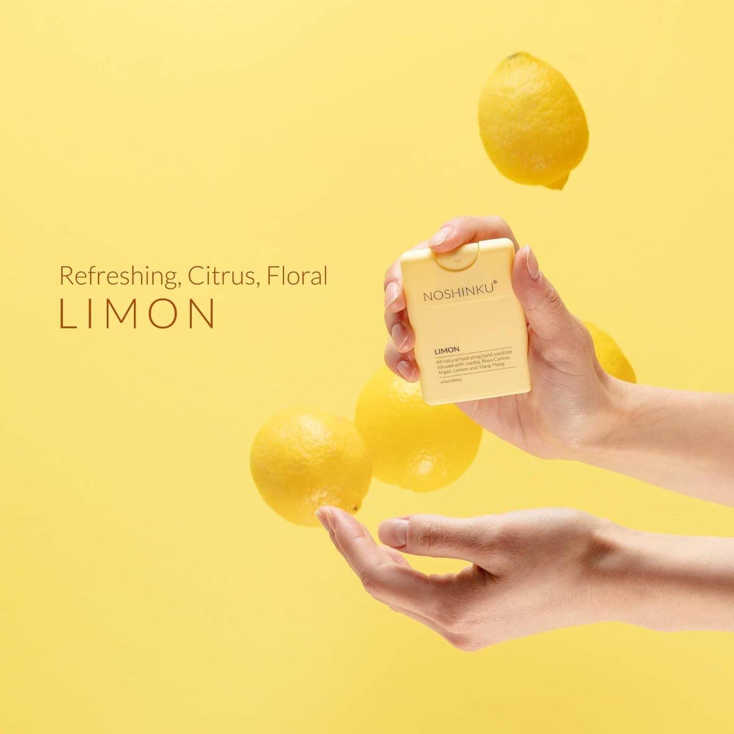 Noshinku - Refillable Hand Sanitizer Limon 3-Pack, Travel Size Spray with Hydrating Botanical Oils, Natural Ingredients, All Natural Fragrances, Sugarcane Derived Alcohol, No Parabens, No Dyes