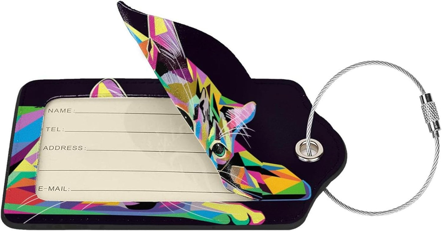 Cat Leather Luggage Tag with Stainless Steel Ring, Fun Name Id Card Cover Travel Bag Tag Set, Suitable for Travel Bag Luggage Women Men 1 PCS