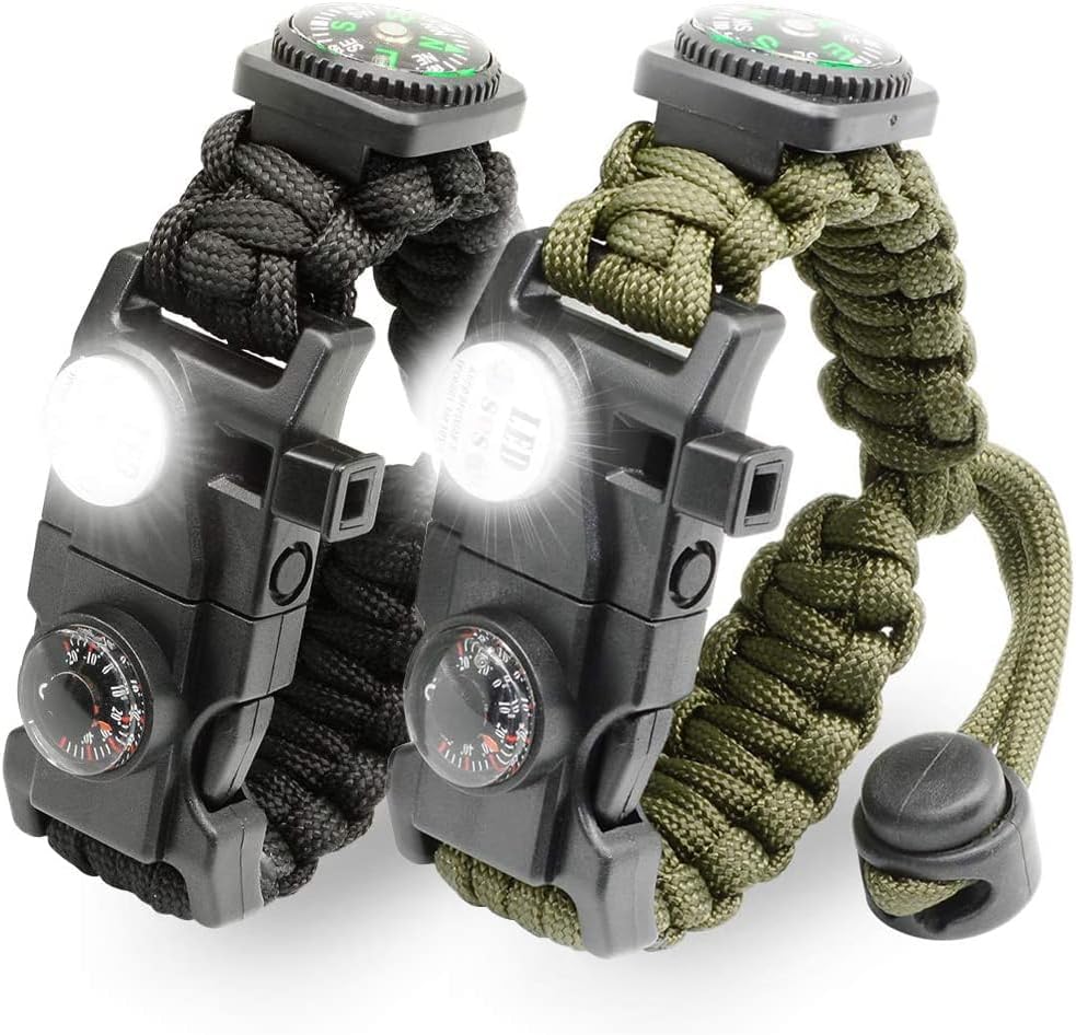 20 in 1 Survival Paracord Bracelet Adjustable Gear Kit with SOS LED Light, Fire Starter, Bigger Compass, Survival Whistle, Perfect for Camping, Hiking, Fishing
