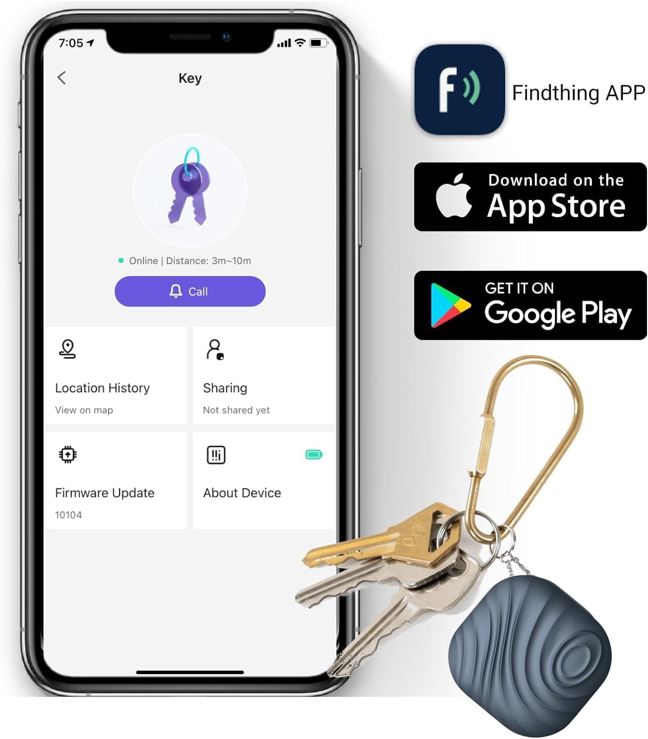 Findhting Key Finder Tag - Bluetooth Tracker Item Locator with Key Chain - Both iOS and Android Compatible for Keys Pet Wallets or Backpacks and Tablets (Blue)