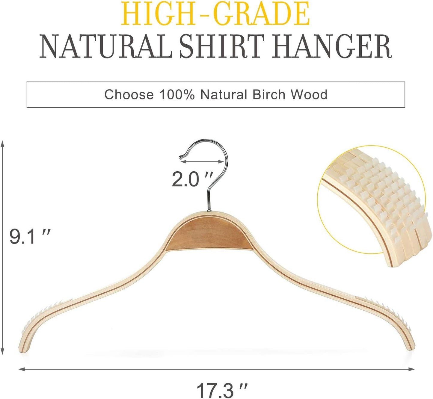 TOPIA HANGER Slim Natural Wood Hangers with Extra Soft Non-Slip Rubber Grips, 18-Pack High-Grade Fashion Hanger No Shoulder Bump for Sweater, Camisole, Jacket, Dress, Coat -CT16N