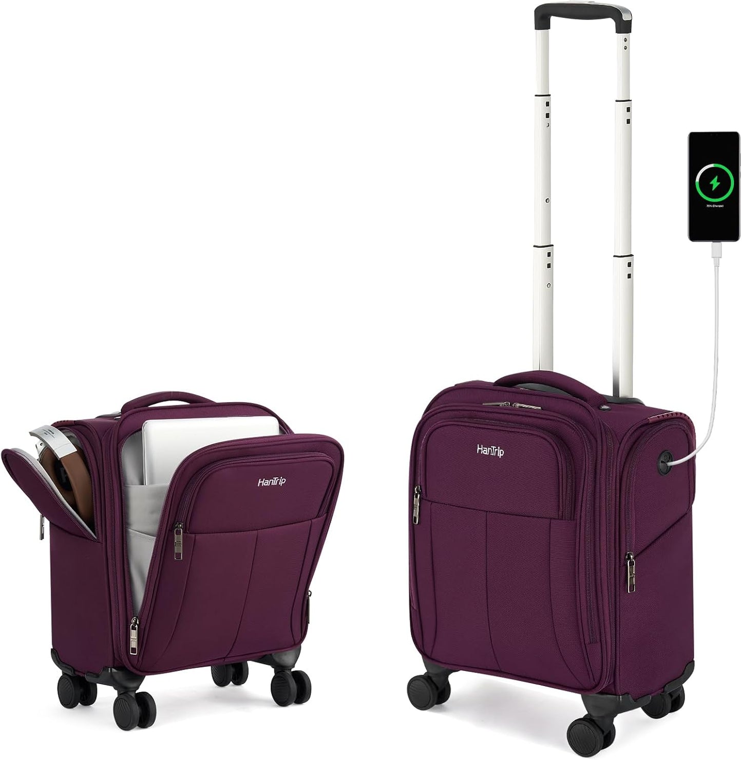 16 Inch Underseat Carry On Luggage with Wheels Softside Small Suitcases Personal Item Bag with Pocket Travel Luggage for Men Women Business Overnight Bag(Purple)