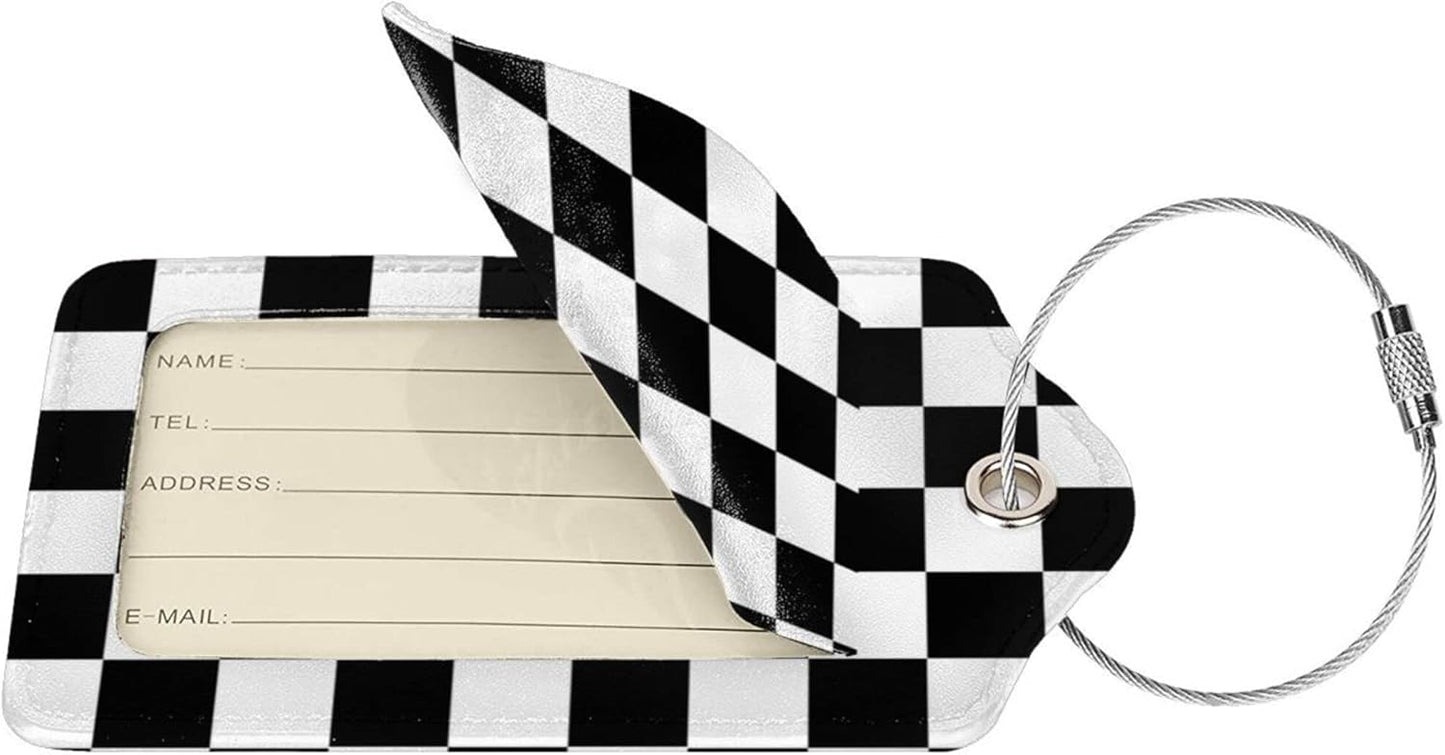 2 Pack Luggage Tags for Suitcase,Black and White Grid PU Leather Travel Luggage Tag with Privacy Flap, Name ID Label and Metal Loop for Women Men Suitcase Baggage Bag Backpack