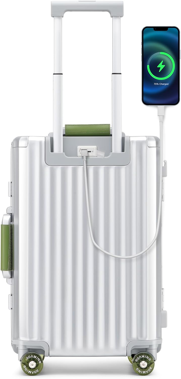 ROAMING 24 Inch Check Luggage Durable Aluminum Zipperless Luggage Airline Approved, Hardside Suitcase with TSA Lock USB Port and Spinner Wheels, Smart Organizational Pockets Maximize Packing Space
