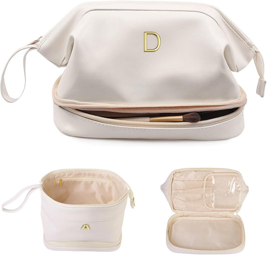 Gifts for College Girls-Initial Makeup Bag, Personalized Double Layer Cosmetic Bag with Makeup Brush Organizer, Waterproof, Large Capacity Travel Toiletry Bag Retirement Gifts, Daughter Gifts