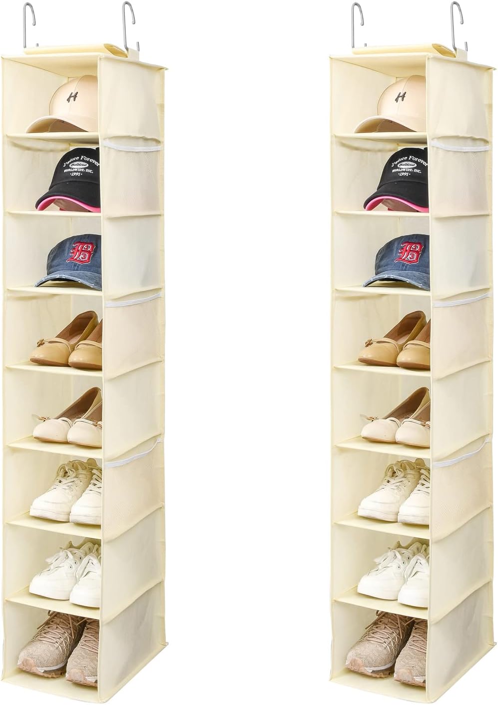 Hanging Shoe Organizer for Closet with Side Mesh Pockets，Hat Racks for Baseball Caps，Shoe and Hat Holder & Storage，8-Shelf，Beige，2 Pack