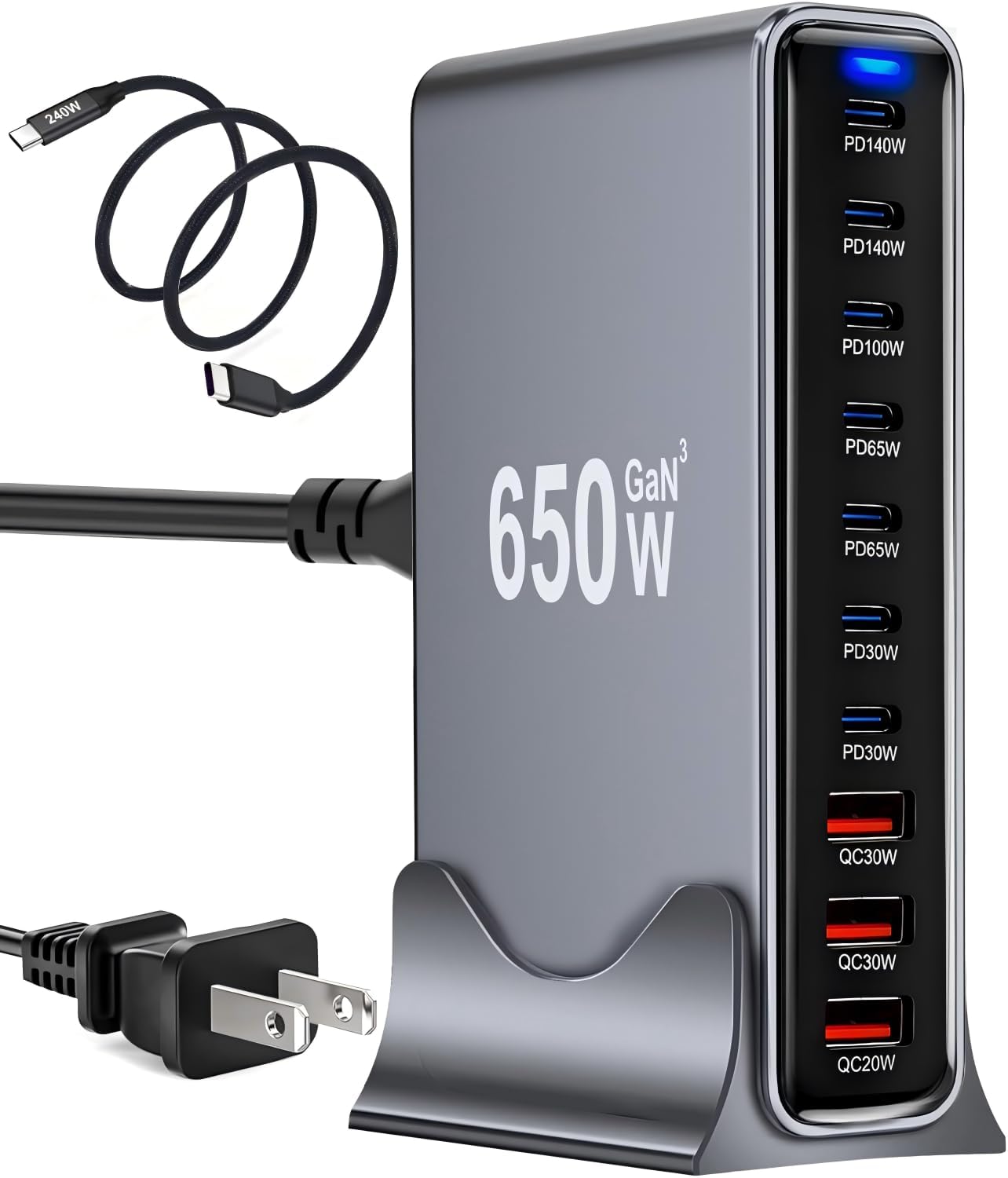 650W USB C Fast Charger Block, 10 Port USB Charging Station, GaN Ⅲ Pro Double 140W PD PPS Port Fast Charging Station,Laptop Wall Charger Compatible with DELL, HP, MacBook Pro,iPhone 17,Galaxy S24