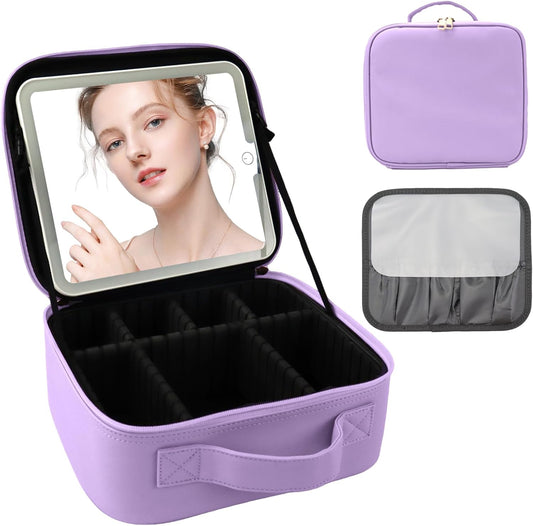 Travel Makeup Bag with LED Mirror and Light Travel Makeup Case Cosmetic Organizer Portable Cosmetic Brush Organizer Bag with Adjustable Dividers for Cosmetics Makeup Brushes Toiletry(Purple)