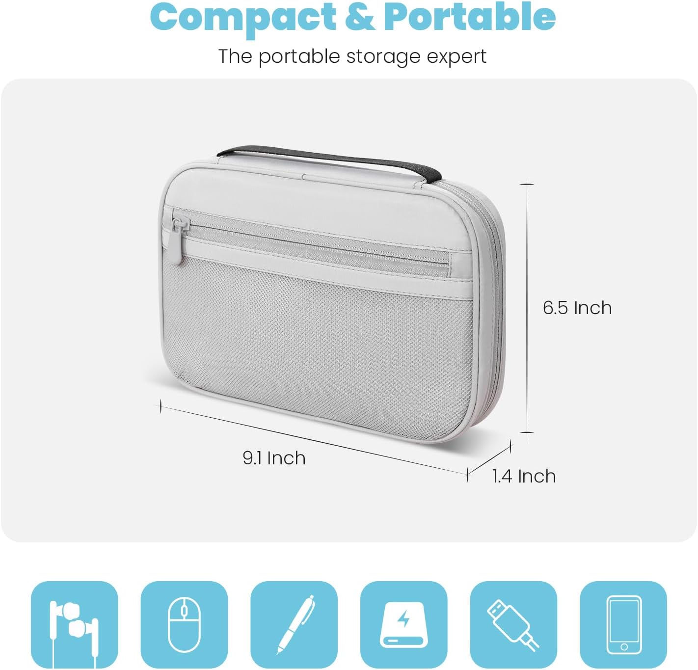 Electronics Organizer Bag, Portable Cable Organizer Case Travel Electronic Accessories Storage Case - Travel storage bag for Cables, Chargers, Phone, SD Cards - Grey