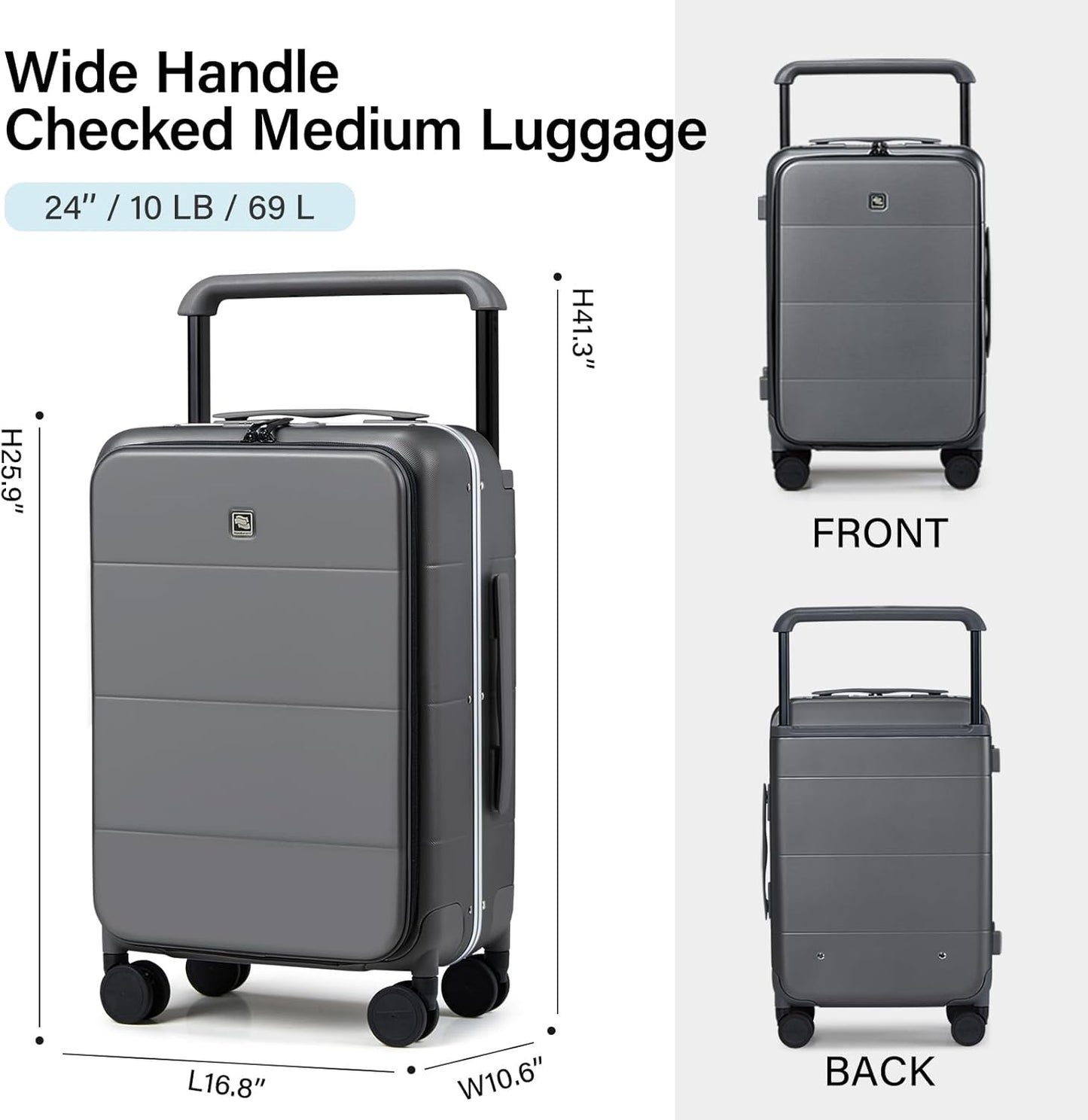 Hanke Top Opening 24 Inch Luggage with Spinner Wheels, Aluminum Frame All-PC Hard Shell Medium Suitcase, Zipperless Trunk Wide Handle Luggage, TSA Checked-Medium(Graphite Grey, 69L)