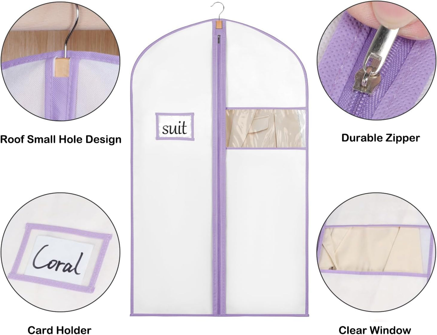 Syeeiex 40" Suit Bag(Set of 8), Garment Bags for Hanging Clothes, Suit Bags for Closet Storage, Garment Bags for Suits, T-shirts, Jackets, Coats, Business Wear(White & Purple)
